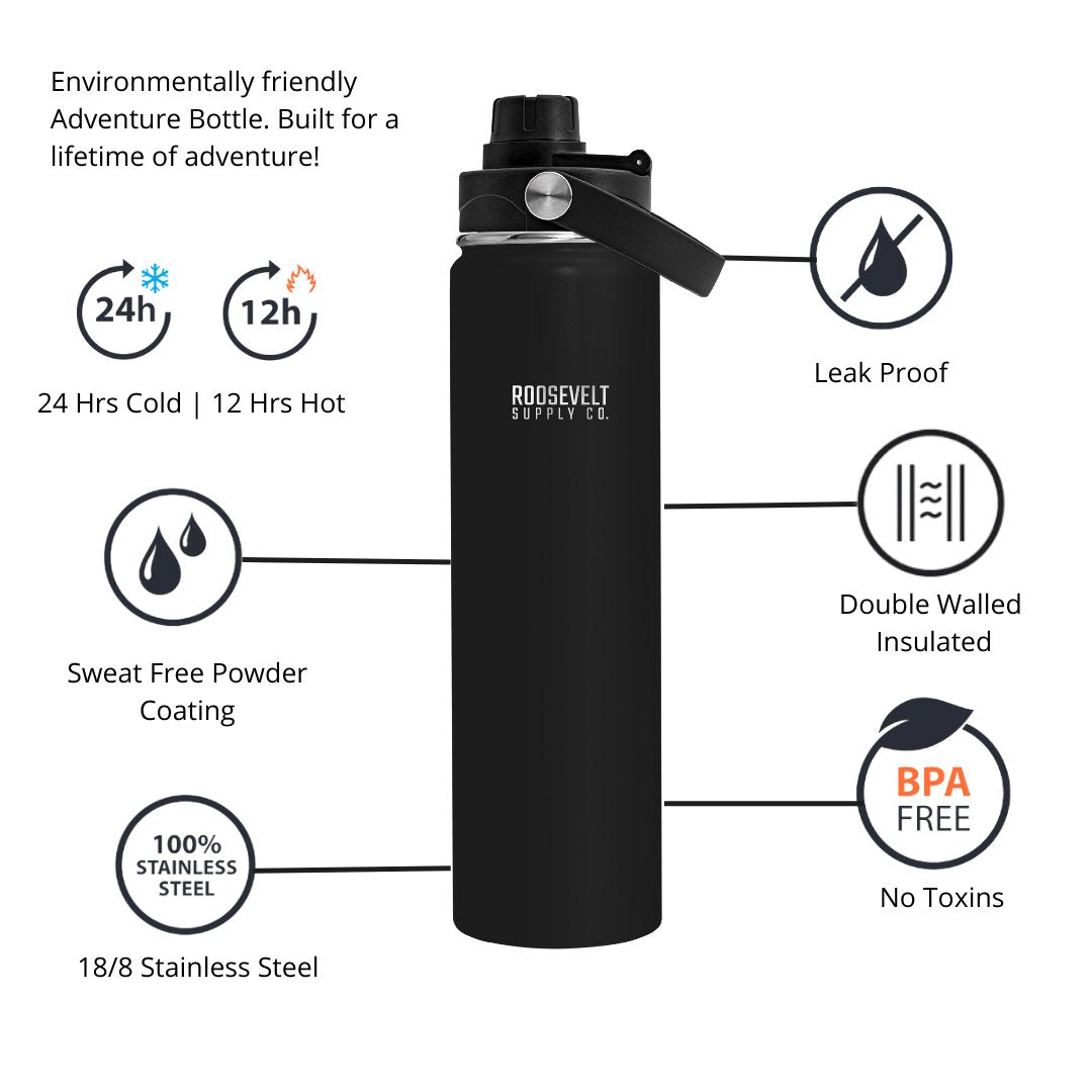 Black 24 oz Adventure Water Bottle - Roosevelt Supply Co.